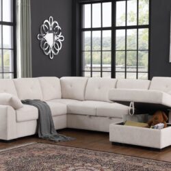 Nyhan - Upholstered Corner Sectional With Pull Out Loveseat And Storaged Chaise - Beige