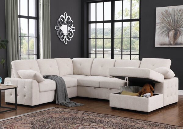 Nyhan - Upholstered Corner Sectional With Pull Out Loveseat And Storaged Chaise - Beige