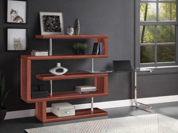 Buck II - Clear Glass, Chrome High Gloss Writing Desk With Shelf - Walnut