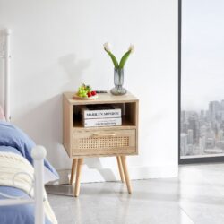 15.75" Rattan End Table With Power Outlet & USB Ports, Modern Nightstand With Drawer And Solid Wood Legs, Side Table For Living Room, Bedroom - Natural