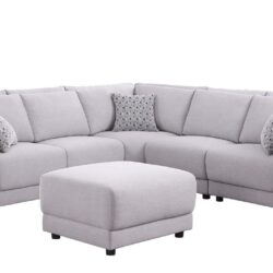Penelope - Linen Fabric Reversible L-Shape Sectional Sofa With Ottoman And Pillows - Light Gray