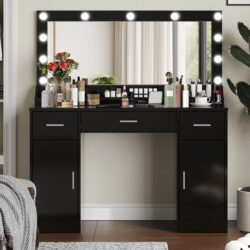 Vanity Desk With Large Mirror, 3 Colour Lighting Modes, Adjustable Brightness, Dresser With 3 Drawers & 2 Vertical Cabinets, Makeup Vanity Table For Women & Girls - Black