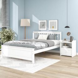 Full Bed With Headboard And Footboard For Kids, Teens, Adults, With A Nightstand - White