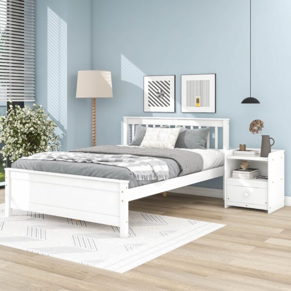 Full Bed With Headboard And Footboard For Kids, Teens, Adults, With A Nightstand - White
