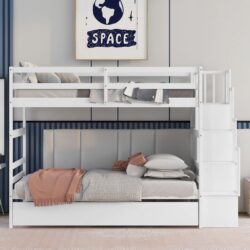 Twin Over Twin Bunk Beds With Twin Trundle And Stairway Storage Function - White