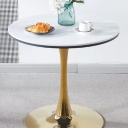 Tulip Table Mid-Century Dining Table For 2 - 4 People With Round MDF Table Top, Pedestal Dining Table, End Table Leisure Coffee Table, Ceramic And MDF Top - Golden / White