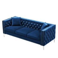 Modern Sofa Jeweled Buttons Tufted Square Arm Couch, 2 Pillows Included - Blue