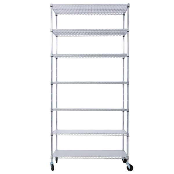 7 Tier Metal Shelf Wire Shelving Unit, 2450Lbs Heavy Duty Adjustable Storage Rack With Wheels & Shelf Liners For Closet Kitchen Garage Basement Commercial Shelving - Chrome