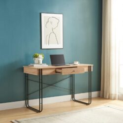 Computer Desk Writing Desk With One Drawer Metal Legs And USB Outlet Port - Light Brown / Black