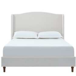 Hannah - King Upholstered Wingback Bed Size, Tall Headboard Upholstered King Bed, Premium Textured Canvas Chenille Look, Minimalist Designs, No Box Spring Needed - Ivory
