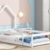 Twin Size Wood Bed With House-Shaped Headboard Floor Bed With Fences - White - Image 7