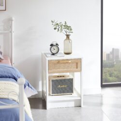 15.75" Rattan End Table With Drawer, Modern Nightstand, Side Table For Living Room, Bedroom - White