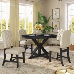 Functional Furniture Retro Style Dining Table Set With Extendable Table And 4 Upholstered Chairs For Dining Room And Living Room - Espresso