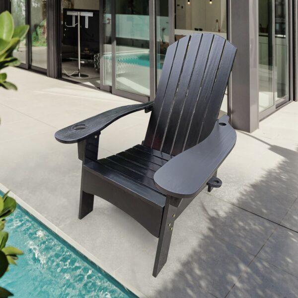 Outdoor Or Indoor Wood Adirondack Chair With An Hole To Hold Umbrella, On The Arm - Black