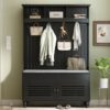 5 In 1 Entryway Bench With Shutter - Shaped Doors, Coat Rack, Cushion And 4 Sturdy Hooks, Wide Hall Tree With Storage Bench For Hallway, Entryway, Living Room - Black - Image 5