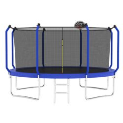 Trampoline With Basketball Hoop, Astm Approved Reinforced Type Outdoor Trampoline With Enclosure Net - Blue