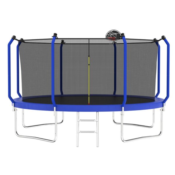 Trampoline With Basketball Hoop, Astm Approved Reinforced Type Outdoor Trampoline With Enclosure Net - Blue