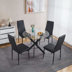 5 Pieces Dining Set, Table Metal Leg Mid-Century Dining Table For 4 - 6 People With Glass Table Top, Pedestal Dining Table - Black
