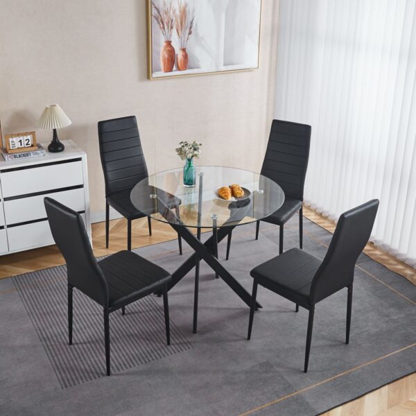 5 Pieces Dining Set, Table Metal Leg Mid-Century Dining Table For 4 - 6 People With Glass Table Top, Pedestal Dining Table - Black