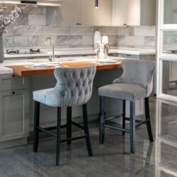 Contemporary Velvet Upholstered Wing-Back Barstools With Button Tufted Decoration And Wooden Legs, And Chrome Nailhead Trim, Leisure Style Bar Chairs, Bar Stools (Set of 2) - Gray