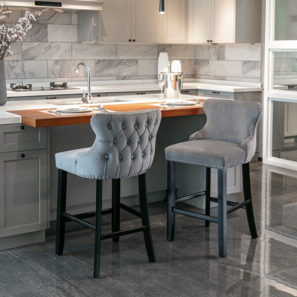 Contemporary Velvet Upholstered Wing-Back Barstools With Button Tufted Decoration And Wooden Legs, And Chrome Nailhead Trim, Leisure Style Bar Chairs, Bar Stools (Set of 2) - Gray
