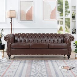 Rolled Arm Chesterfield Three Seater Sofa - Dark Brown