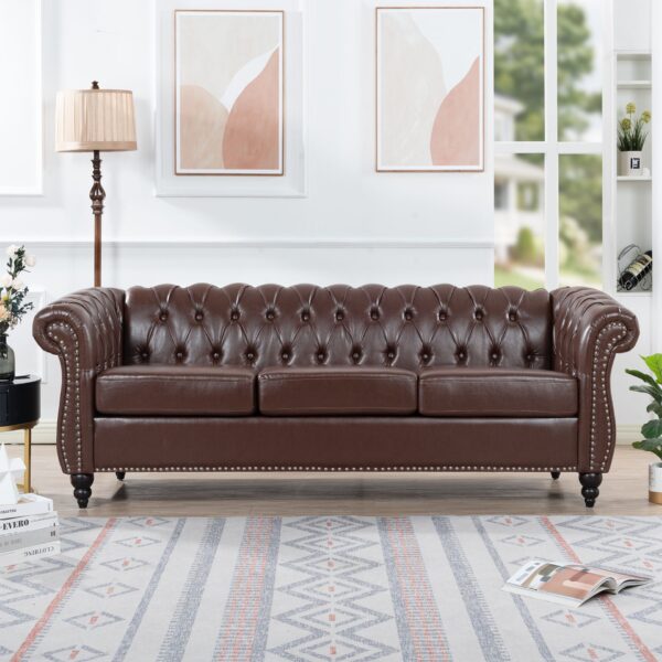 Rolled Arm Chesterfield Three Seater Sofa - Dark Brown
