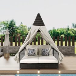 Outdoor Daybed Patio Lounge Bed With Adjustable Backrest Double Sun Lounger With Curtains, 4 Pillows For Garden Patio Poolside Balcony Beach - Beige