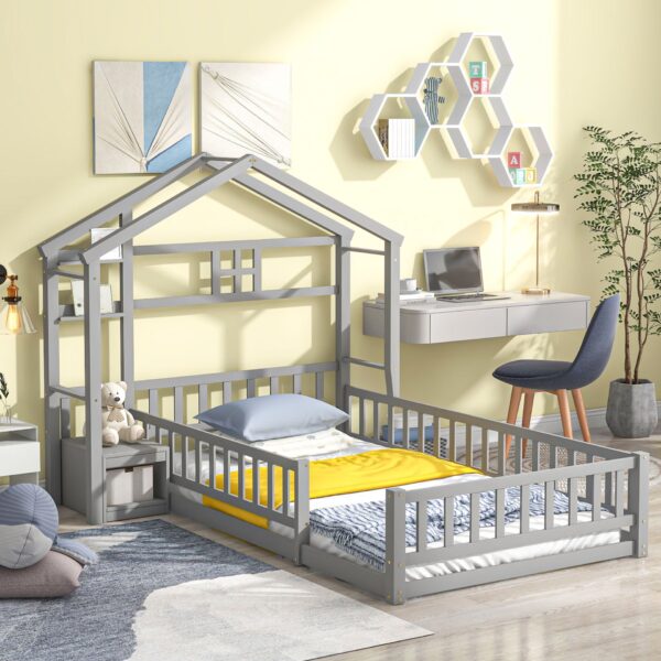 Twin Size House-Style Headboard Floor Bed With Fence Guardrails Without Cushion - Gray