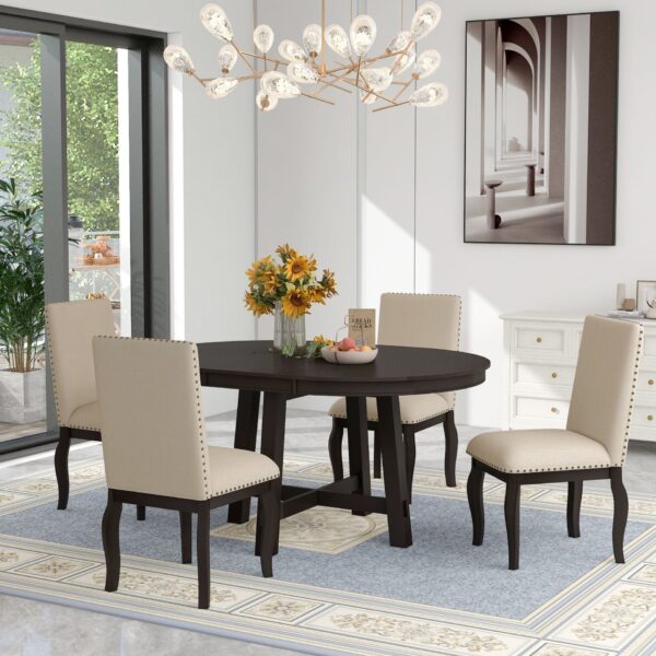 5 Piece Farmhouse Dining Table Set Wood Round Extendable Dining Table And 4 Upholstered Dining Chairs - Espresso