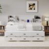 Full Size Captain Daybed With Storage Bookcase Headboard, Captain Bed With Trundle And Three Storage Drawers For Kids Teens Dorm Bedroom Multipurpose Guest Room Or Home - White - Image 3