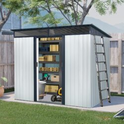 8Ft X 6Ft Outdoor Metal Storage With Lockable Sliding Doors And Transparent Plate For Garden, Lawn - White / Black