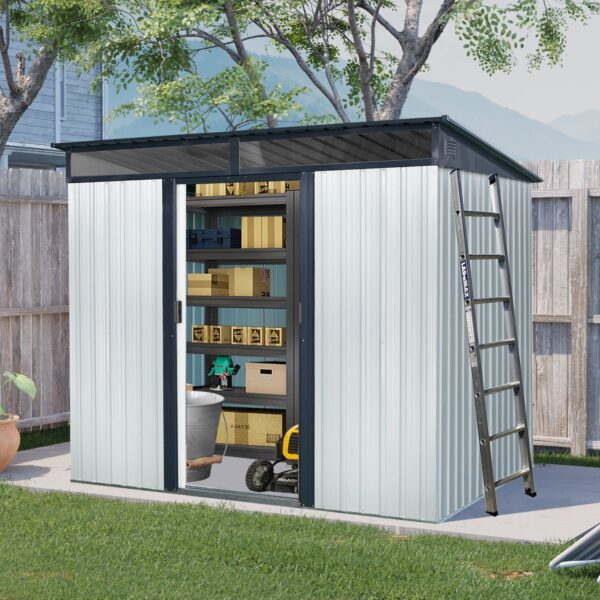 8Ft X 6Ft Outdoor Metal Storage With Lockable Sliding Doors And Transparent Plate For Garden, Lawn - White / Black