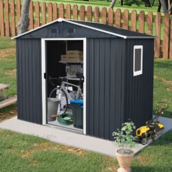 8Ft X 4Ft Outdoor Metal Storage Shed With Window And Metal Foundation For Backyard, Patio, Lawn - Black / White