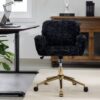Office Chair, Artificial Rabbit Hair Home Office Chair With Golden Metal Base, Adjustable Desk Chair Swivel Office Chair, Vanity Chair - Black - Image 16