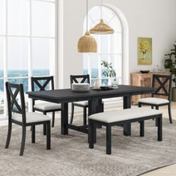 Topmax - 6 Piece Farmhouse Extendable Dining Table With Footrest, 4 Upholstered Dining Chairs And Dining Bench, Two 11" Removable Leaf - Black / Beige