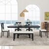 Topmax - 6 Piece Farmhouse Extendable Dining Table With Footrest, 4 Upholstered Dining Chairs And Dining Bench, Two 11" Removable Leaf - Black / Beige - Image 4