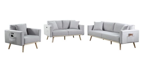 Easton - Linen Fabric Sofa, Loveseat, Chair Living Room With USB Charging Ports Pockets And Pillows (Set of 3) - Light Gray