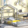 Twin Size House-Style Headboard Floor Bed With Fence Guardrails Without Cushion - Gray - Image 6