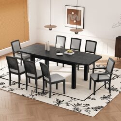Topmax - Rustic Extendable Dining Table Set With Removable Leaf, 6 Upholstered Armless Dining Chairs And 2 Padded Arm Chairs, 9 Pieces - Black