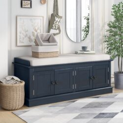 Storage Bench With 4 Doors And Adjustable Shelves, Shoe Bench With Removable Cushion For Living Room, Entryway - Antique Navy
