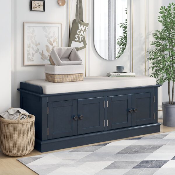 Storage Bench With 4 Doors And Adjustable Shelves, Shoe Bench With Removable Cushion For Living Room, Entryway - Antique Navy