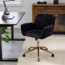 Office Chair, Artificial Rabbit Hair Home Office Chair With Golden Metal Base, Adjustable Desk Chair Swivel Office Chair, Vanity Chair - Black