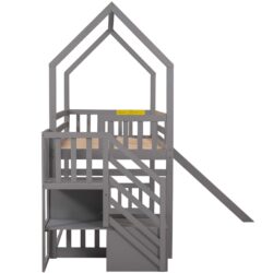 Twin Over Twin House Bunk Bed With Convertible Slide, Storage Staircase Can Be Placed Left Or Right - Gray