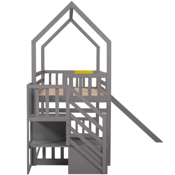 Twin Over Twin House Bunk Bed With Convertible Slide, Storage Staircase Can Be Placed Left Or Right - Gray