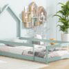 Twin Size Wood Bed With House-Shaped Headboard Floor Bed With Fences - Light Green - Image 6