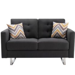 Victoria - Linen Fabric Loveseat With Metal Legs, Side Pockets, And Pillows - Dark Gray