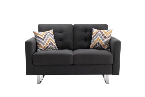 Victoria - Linen Fabric Loveseat With Metal Legs, Side Pockets, And Pillows - Dark Gray