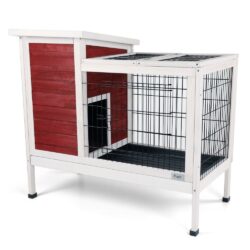 Two Tier Wooden Indoor / Outdoor Rabbit Cage For Small Animals With Runway And Leak-Proof Plastic Tray - Red