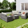 8 Pieces Outdoor Wicker Round Sofa Set, Half-Moon Sectional Sets All Weather, Curved Sofa Set With Rectangular Coffee Table, PE Rattan Water-Resistant And UV Protected, Movable Cushion - Beige - Image 4